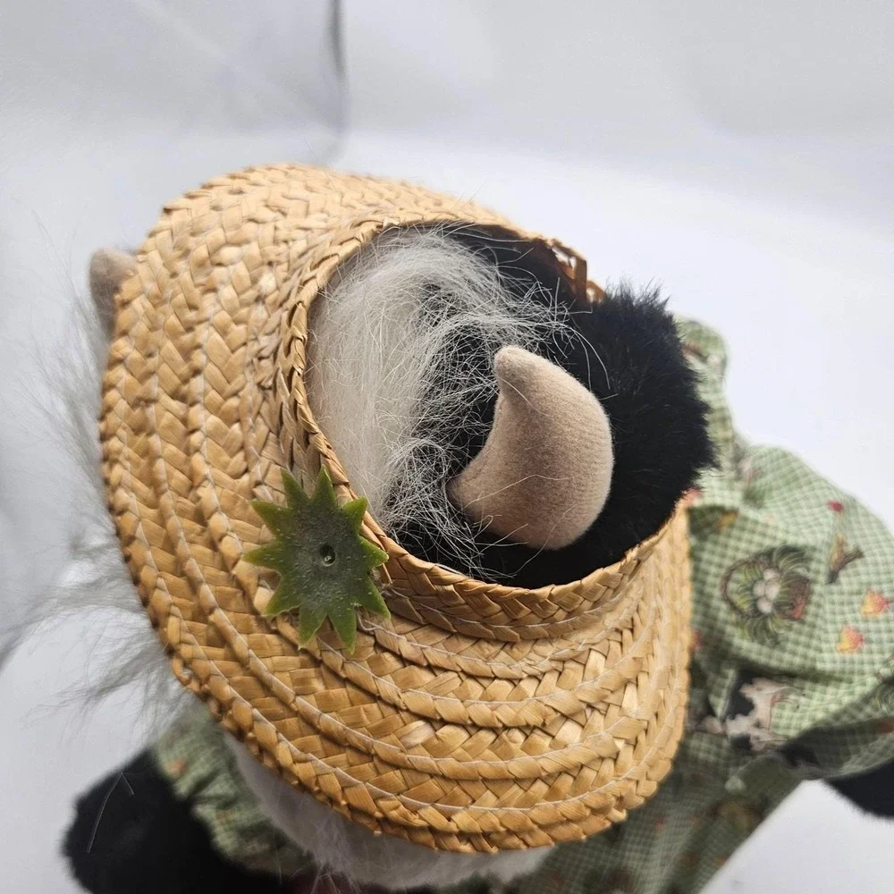 Vintage Joelson Industries Cow Plush Stuffed Animal Toy Medium Green Straw Hat